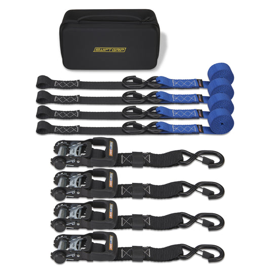 Ratchet Straps Heavy Duty Tie Downs, (4) Heavy Duty Ratchet Strap with Integrated Soft Tie Hook, UTV Tie Down Straps, Motorcycle Tie Down Straps, Padded Handles & Coated Chromoly Hooks, BLUE