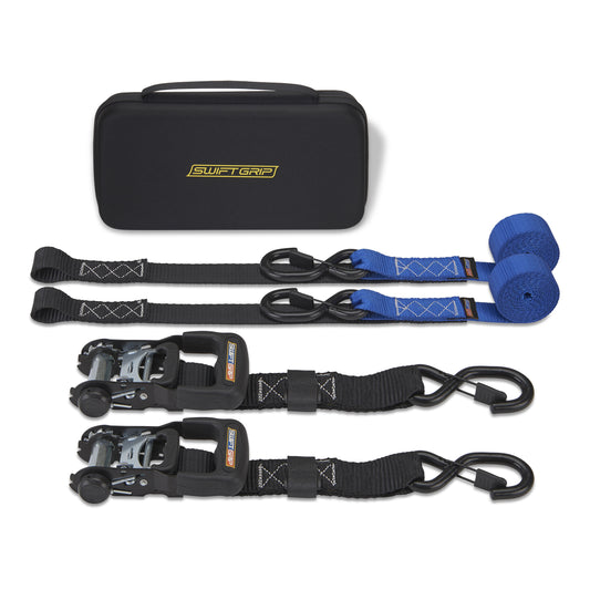 Ratchet Straps Heavy Duty Tie Downs, (2) Heavy Duty Ratchet Strap with Integrated Soft Tie Hook, UTV Tie Down Straps, Motorcycle Tie Down Straps, Padded Handles & Coated Chromoly Hooks (Blue)