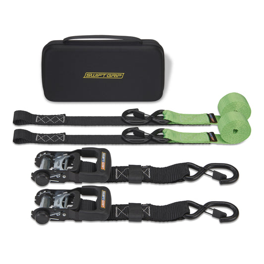 Ratchet Straps Heavy Duty Tie Downs, (2) Heavy Duty Ratchet Strap with Integrated Soft Tie Hook, UTV Tie Down Straps, Motorcycle Tie Down Straps, Padded Handles & Coated Chromoly Hooks (Green)