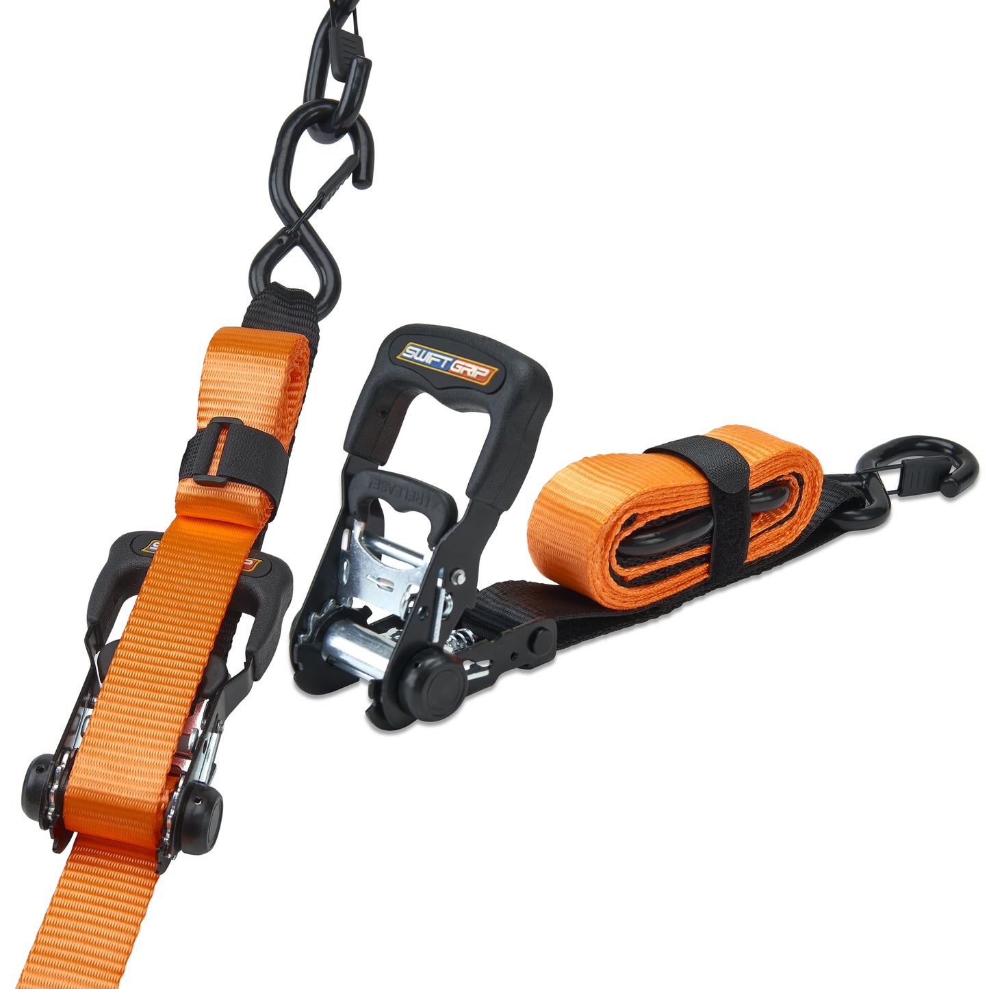 Ratchet Straps Heavy Duty Tie Downs, (2) Heavy Duty Ratchet Strap with Integrated Soft Tie Hook, UTV Tie Down Straps, Motorcycle Tie Down Straps, Padded Handles & Coated Chromoly Hooks (Orange)