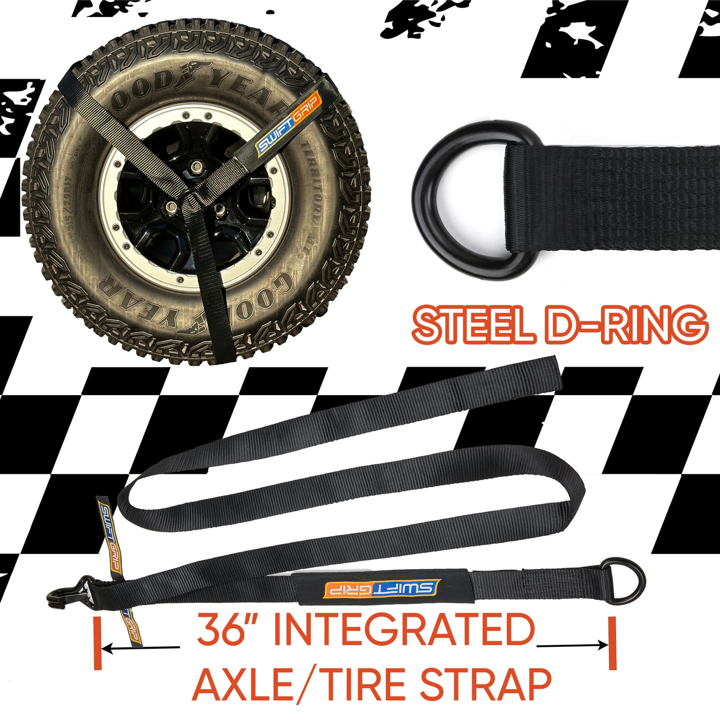 Swift Grip Car Tie Down Straps for Trailers Ratchet Strap Kit, 10,000 lbs Break Strength, Tire Straps for Car, Truck, UTV & More, (4) Premium 2" x 12' Speed Strap, integrated Axle Straps & Velcro Ties