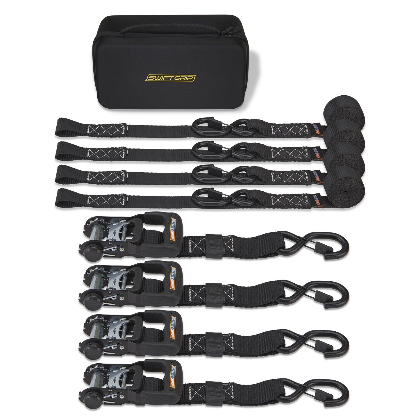 Ratchet Straps Heavy Duty Tie Downs, (4) Heavy Duty Ratchet Strap with Integrated Soft Tie Hook, UTV Tie Down Straps, Motorcycle Tie Down Straps, Padded Handles & Coated Chromoly Hooks, BLACK