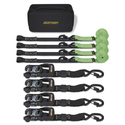 Ratchet Straps Heavy Duty Tie Downs, (4) Heavy Duty Ratchet Strap with Integrated Soft Tie Hook, UTV Tie Down Straps, Motorcycle Tie Down Straps, Padded Handles & Coated Chromoly Hooks, GREEN