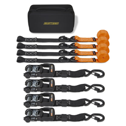 Ratchet Straps Heavy Duty Tie Downs, (4) Heavy Duty Ratchet Strap with Integrated Soft Tie Hook, UTV Tie Down Straps, Motorcycle Tie Down Straps, Padded Handles & Coated Chromoly Hooks, ORANGE