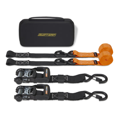 Ratchet Straps Heavy Duty Tie Downs, (2) Heavy Duty Ratchet Strap with Integrated Soft Tie Hook, UTV Tie Down Straps, Motorcycle Tie Down Straps, Padded Handles & Coated Chromoly Hooks (Orange)